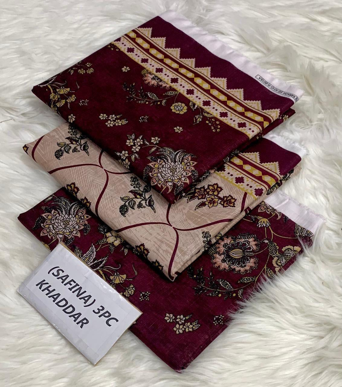 Safina Original Khaddar 3 Piece Collection – Allover Printed with Dyed Trouser