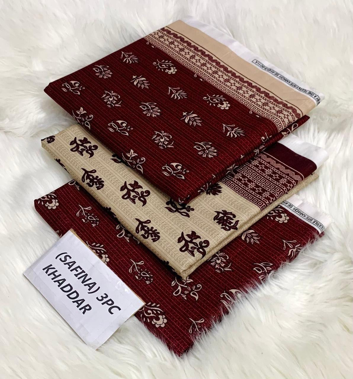 Safina Original Khaddar 3 Piece Collection – Allover Printed with Dyed Trouser