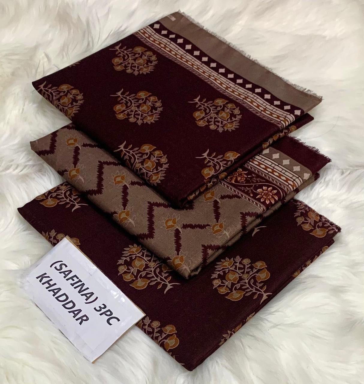 Safina Original Khaddar 3 Piece Collection – Allover Printed with Dyed Trouser