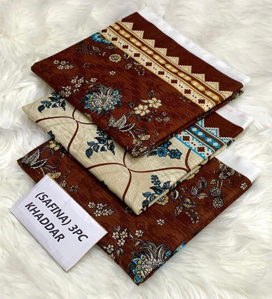 Safina Original Khaddar 3 Piece Collection – Allover Printed with Dyed Trouser