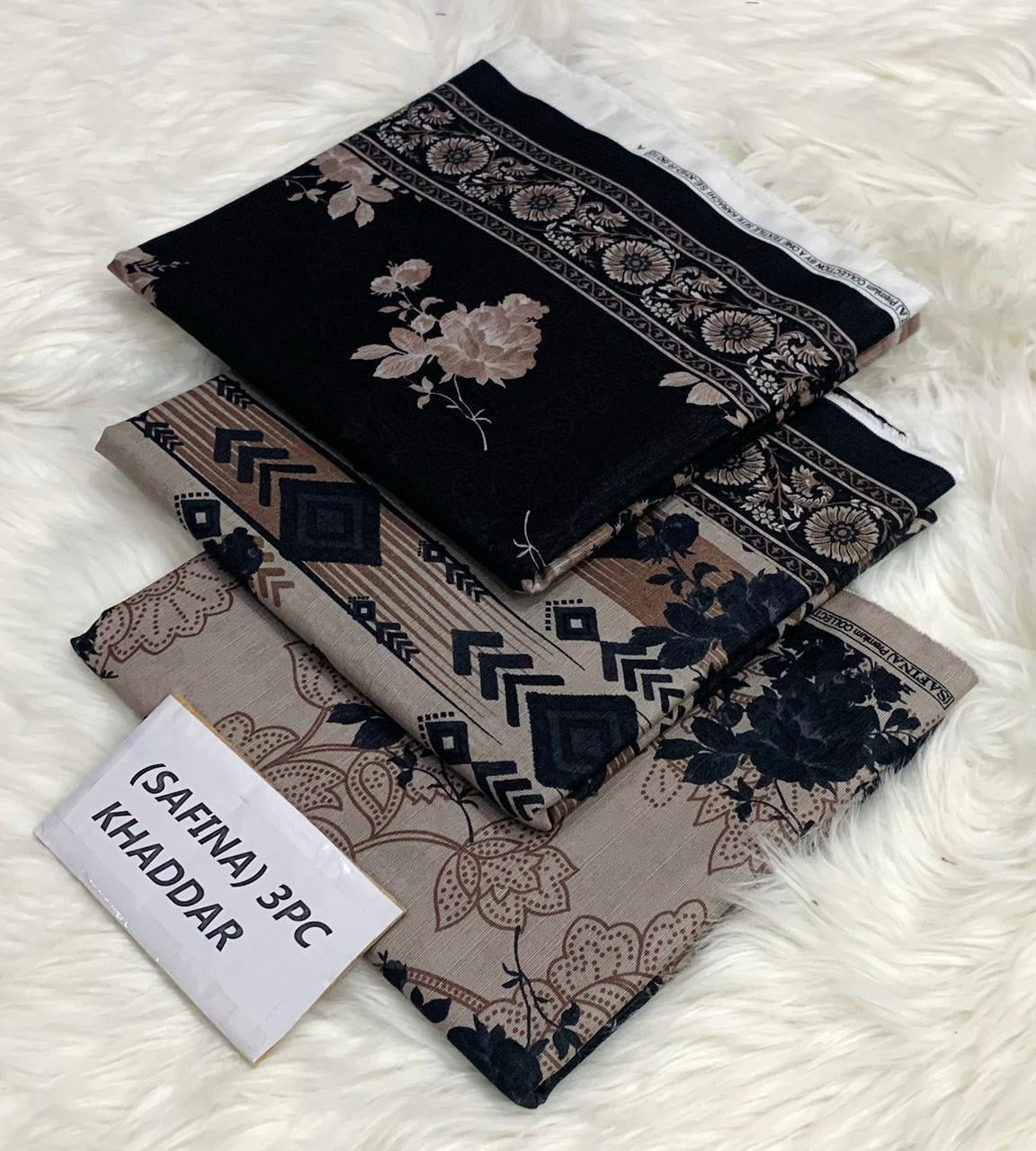 Safina Original Khaddar 3 Piece Collection – Allover Printed with Dyed Trouser