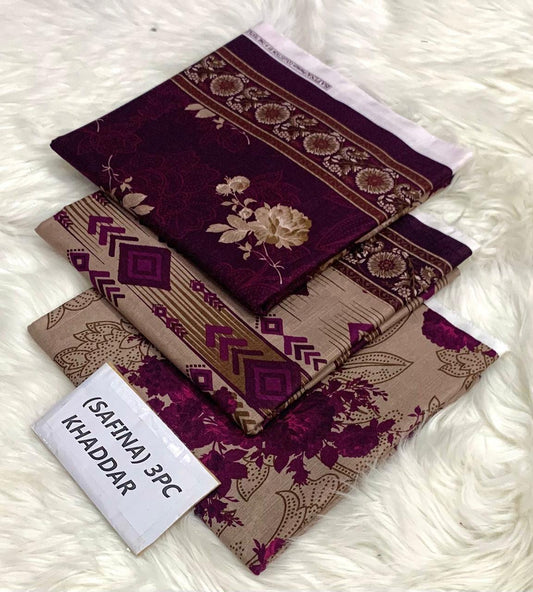 Safina Original Khaddar 3 Piece Collection – Allover Printed with Dyed Trouser