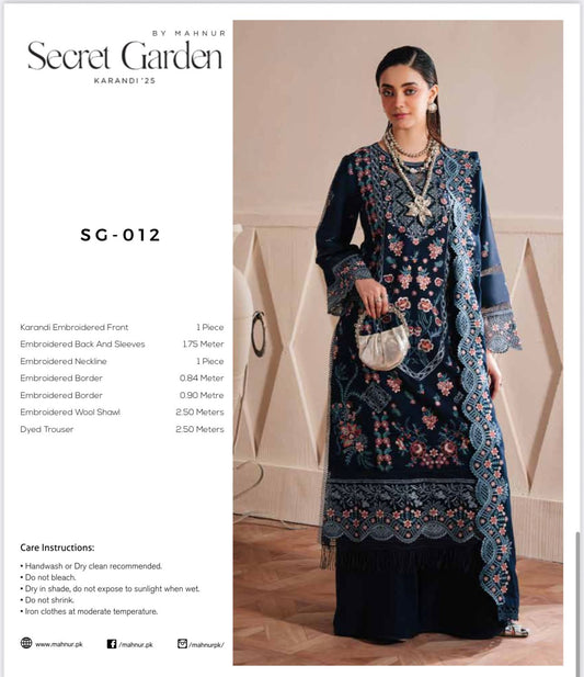 MAHNUR Secret Garden Luxury Karandi Collection – Embroidered 3-Piece Suit with Shawl