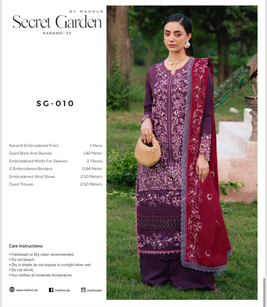 MAHNUR Secret Garden Luxury Karandi Collection – Embroidered 3-Piece Suit with Shawl