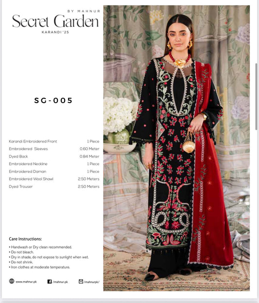 MAHNUR Secret Garden Luxury Karandi Collection – Embroidered 3-Piece Suit with Shawl