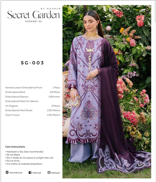 MAHNUR Secret Garden Luxury Karandi Collection – Embroidered 3-Piece Suit with Shawl