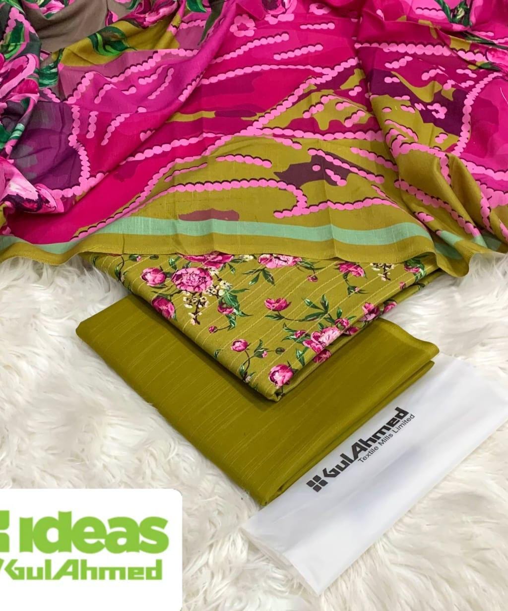 Gul Ahmed 3-Piece Printed Khaddar Collection – Zari Fancy Shirt with Plain Trouser & Khaddar Dupatta